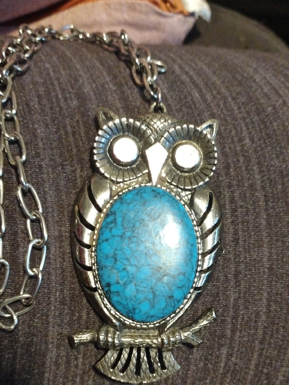 Vintage Silver Owl Pendant Necklace with Faux Turquoise Stone - Women's Jewelry